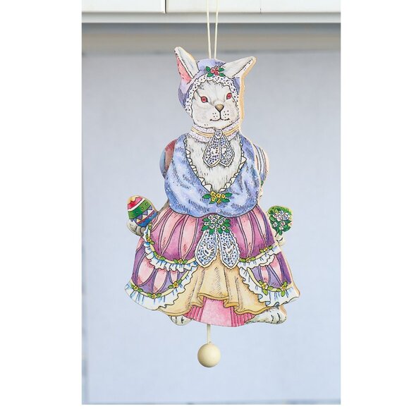 2 EASTER BUNNY Lady Gent Pull String Wooden Ornament 2 Sided Toy Midwest Imports - Picture 4 of 7